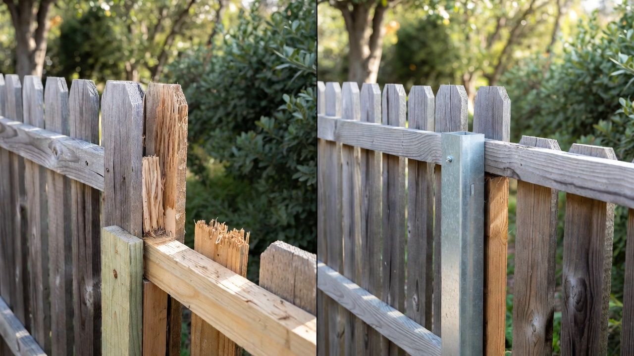 Fence with old, damaged wood next to a repair with new metal post and boards.