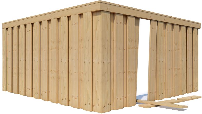 Wooden shed corner with door opening, natural wood color, visible construction details.