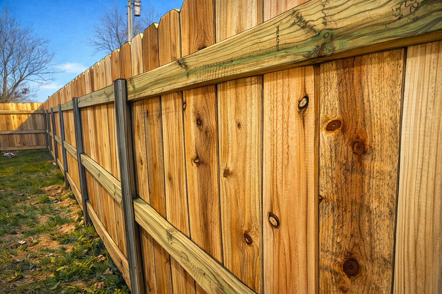 A close-up, low-angle view of a new cedar wood privacy fence with vertical boards and horizontal support rails.