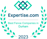 Expertise.com badge: Best Fence Companies in Durham, 2023. Turquoise and navy interlocking shapes, surrounded by a laurel wreath.