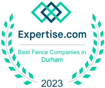 Expertise.com badge: Best Fence Companies in Durham, 2023. Turquoise and navy interlocking shapes, surrounded by a laurel wreath.