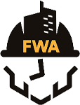 Black and gold FWA construction logo: hard hat with building outline, 