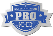 Silver and blue Mr. Fence Academy Pro No-Dig logo.