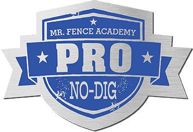 Silver and blue Mr. Fence Academy Pro No-Dig logo.