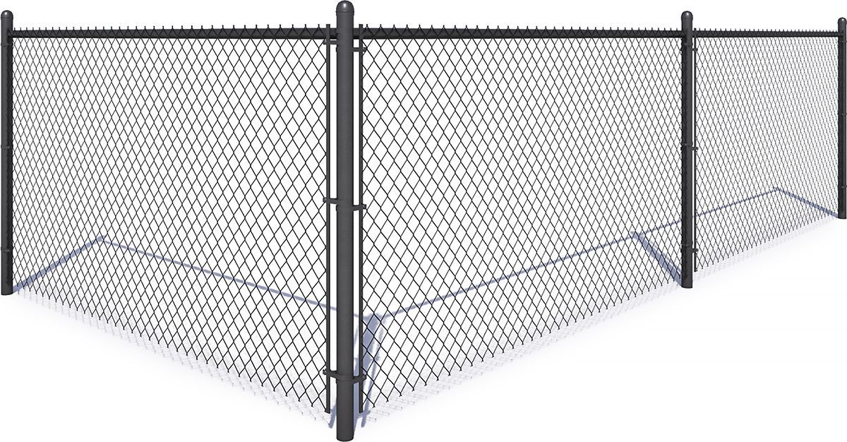 Black chain-link fence corner section with posts, casting shadows on a light surface.