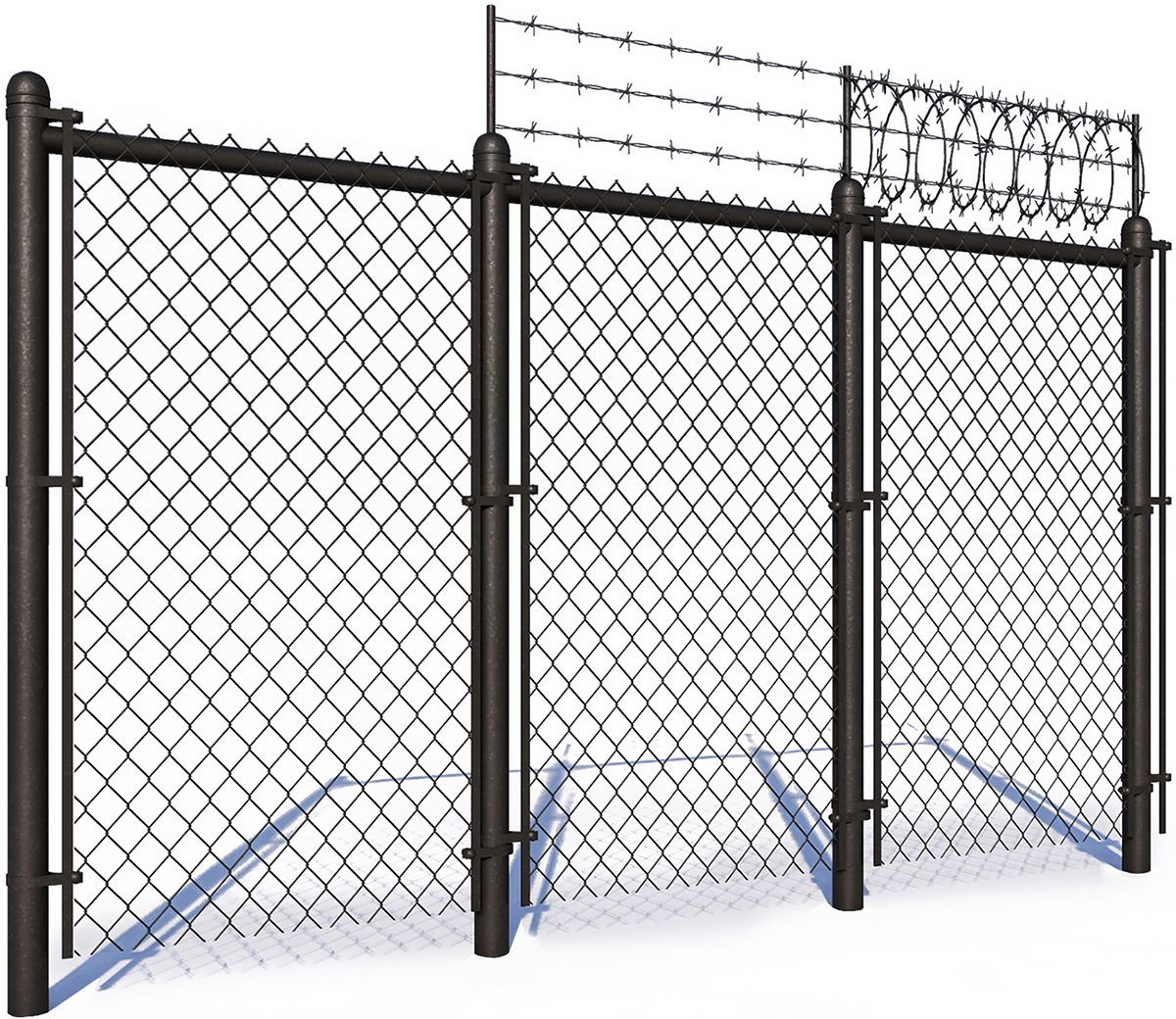 Chain-link fence with barbed wire topper, outdoors. Black metal, bright sunlight casts a shadow.