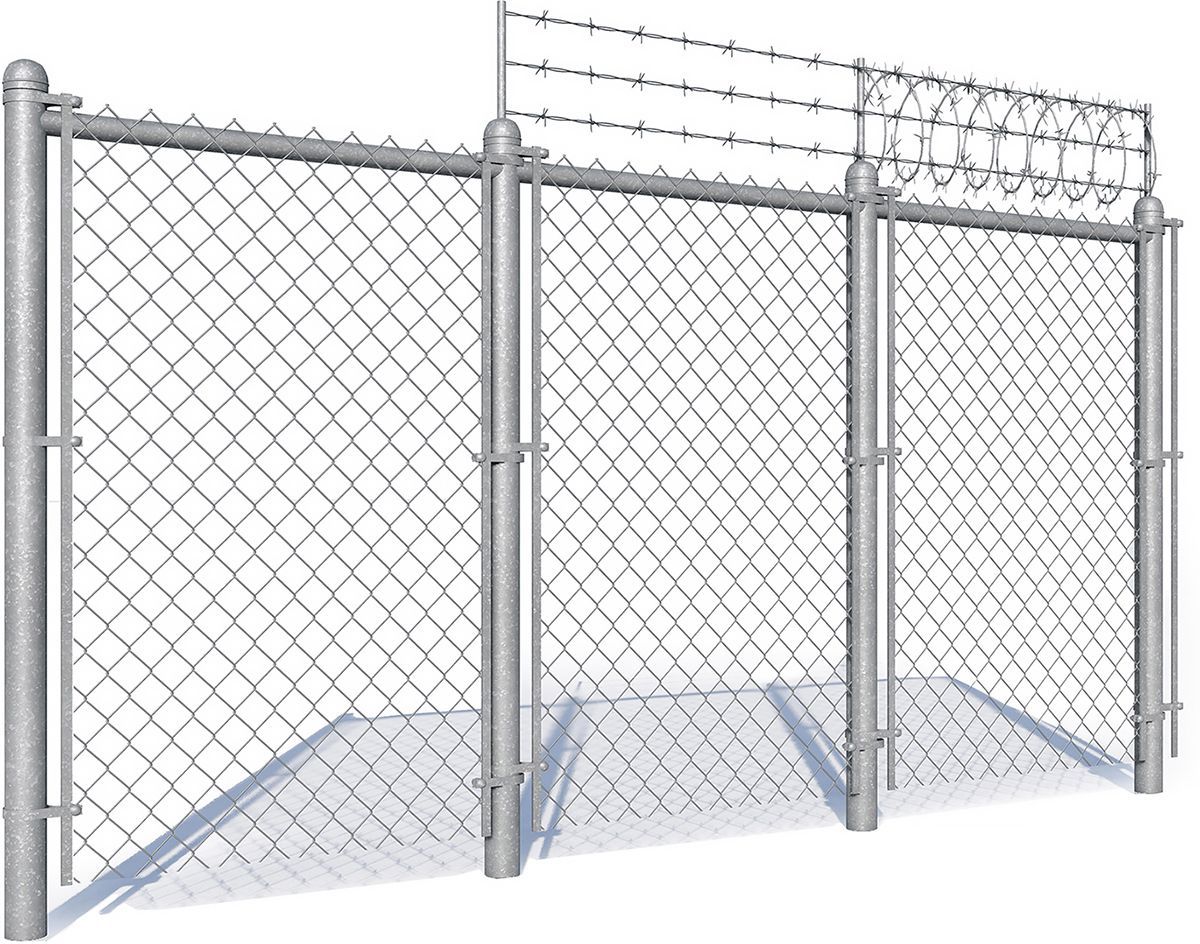 Chain-link fence with barbed wire on top, casting shadows on a white background.