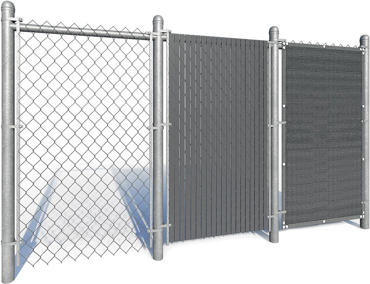 Chain-link fence with three sections: open, privacy slats, and privacy screen. Gray metal and dark gray privacy elements.