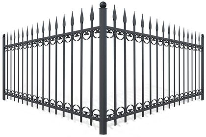 Black metal fence forming a corner, with pointed top and decorative circles.