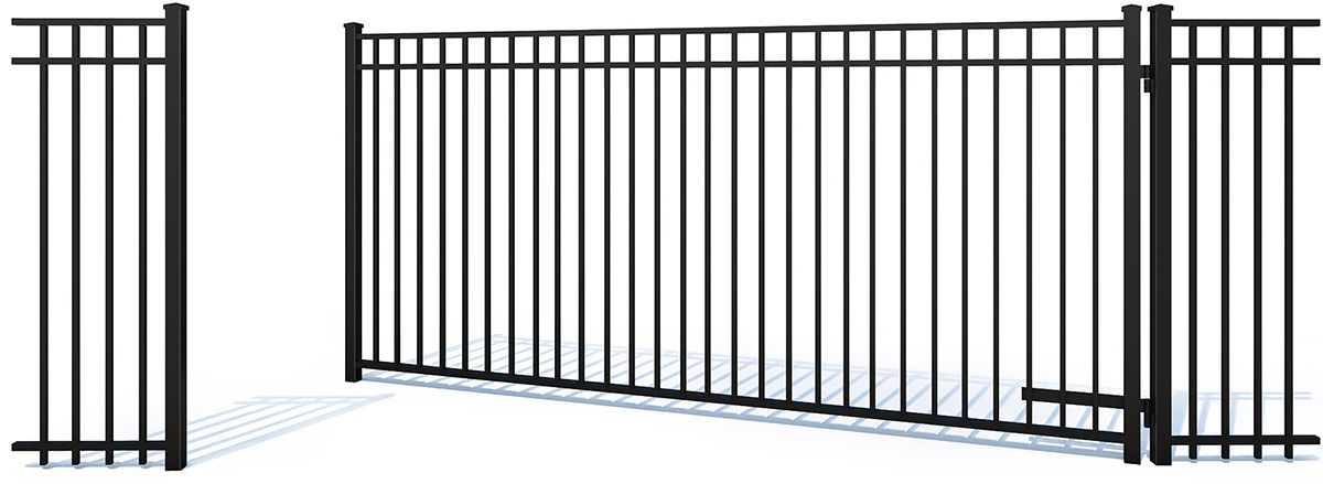 Black metal fence with a gate slightly ajar, on a white background.