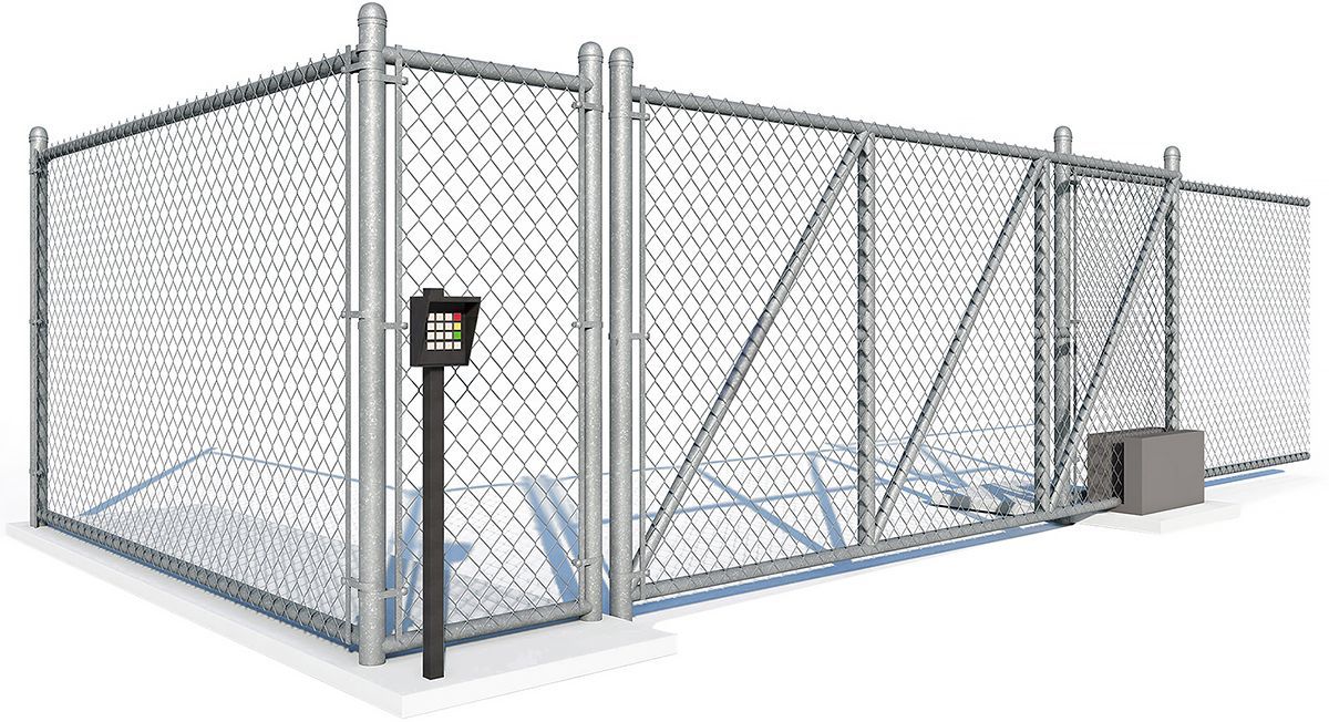 Chain-link fence with gate and control panel in a gray concrete area, suggesting a secure perimeter.