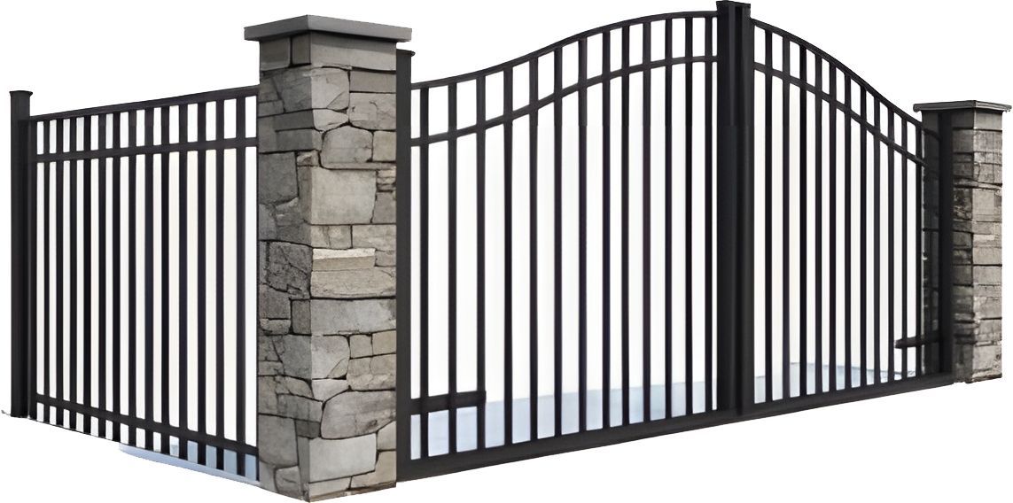 Black wrought iron gate with stone pillars.