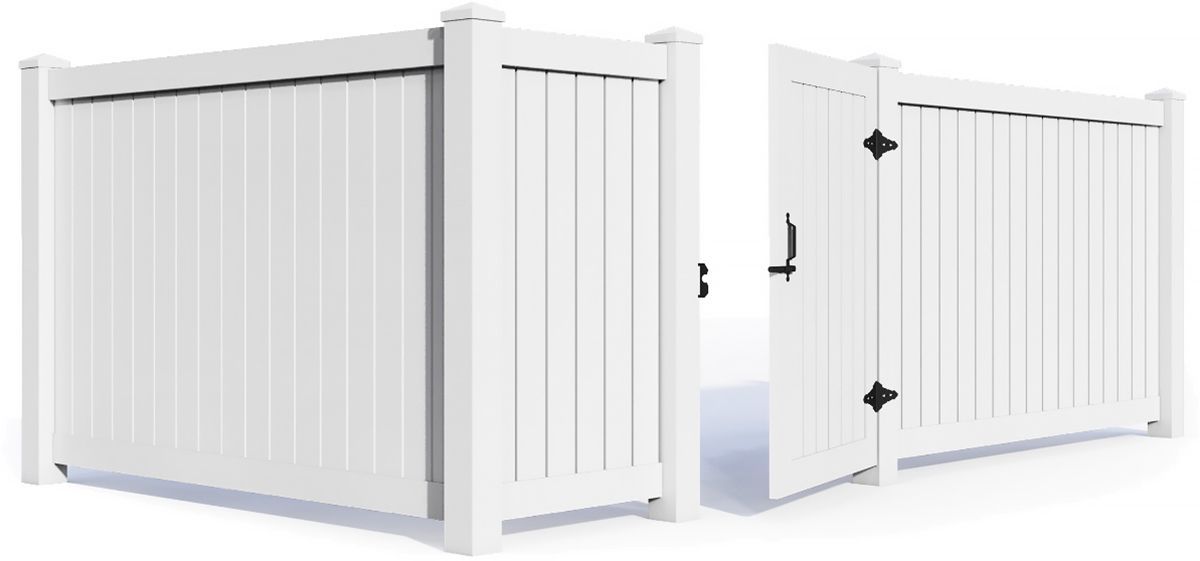 White vinyl fence with gate open, showing the latch and hinges.