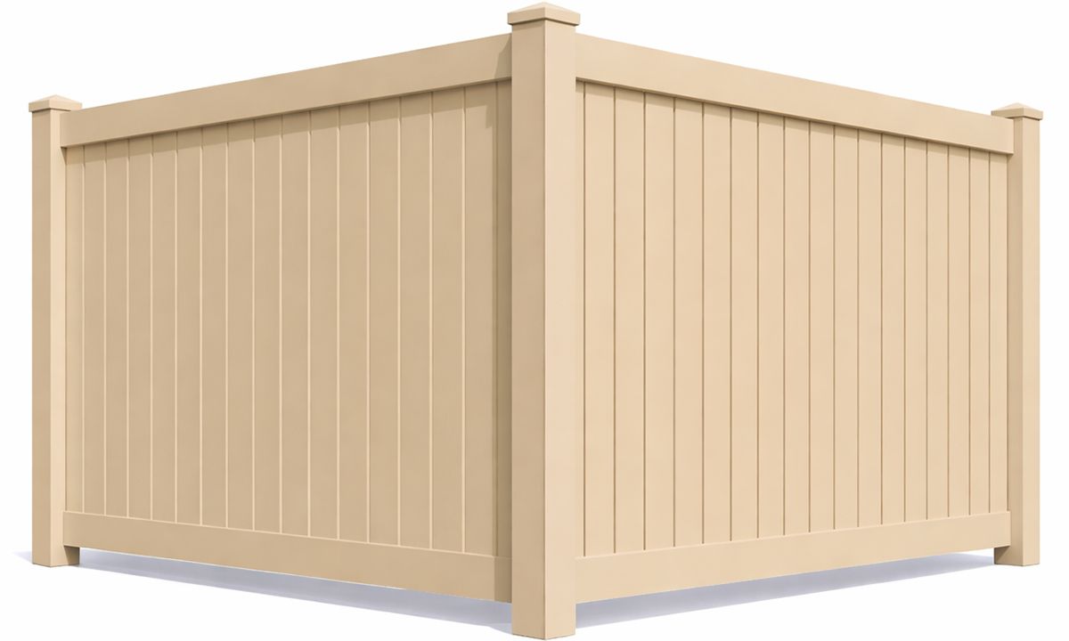 White vinyl fence with vertical slats, forming a corner section.