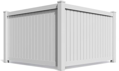 White vinyl privacy fence, corner section, vertical panels, square posts.