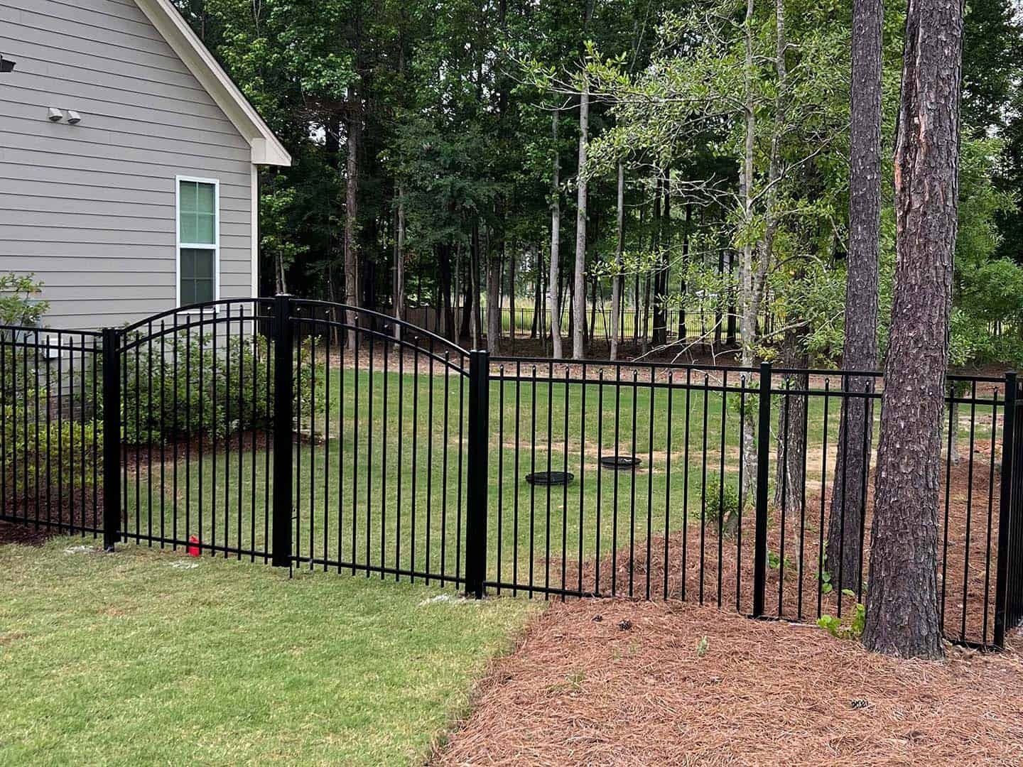 Black metal fence encloses a grassy backyard with a house on the left and trees in the background.