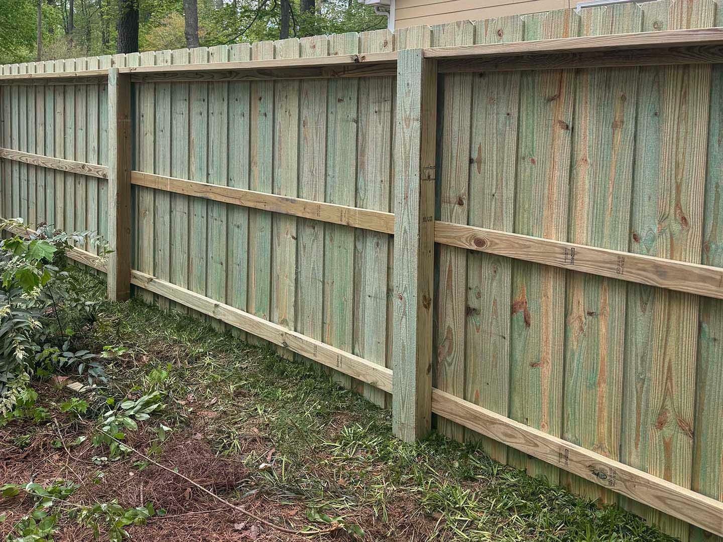 Wooden fence in a yard, green and brown planks, with plants and grass in the foreground.