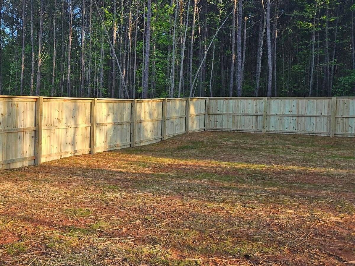 Wooden fence encloses a grassy yard, trees in the background.