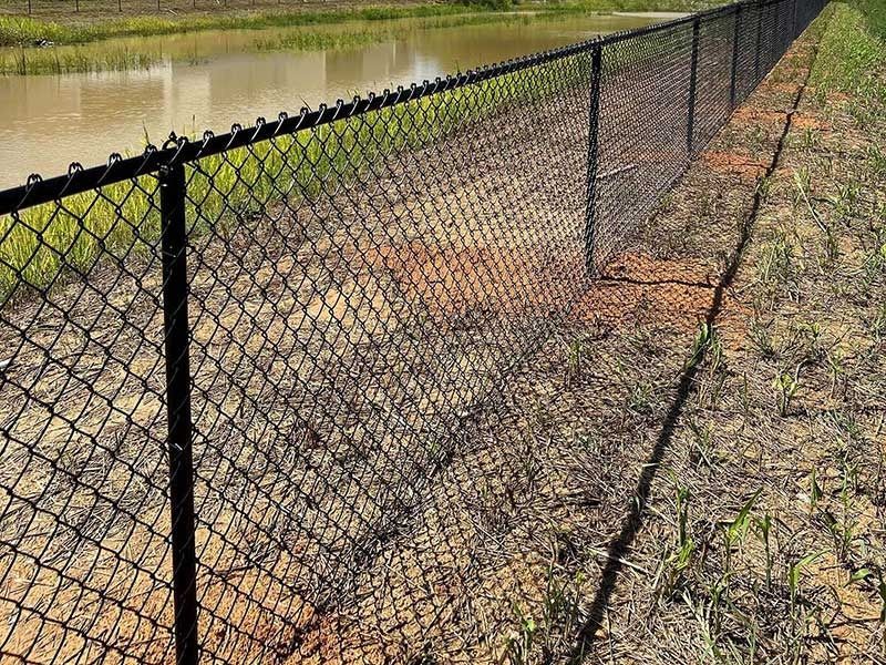 Black chain-link fence along a dirt path, near a pond and grass.