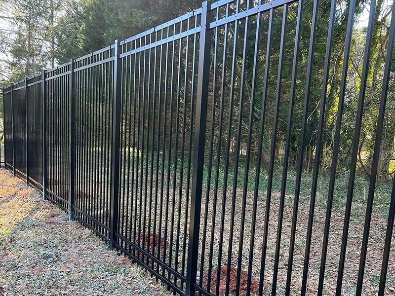 Black metal fence in a yard with trees in the background.