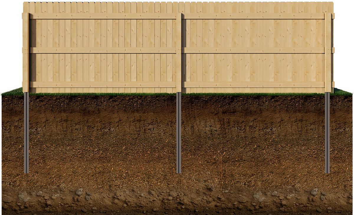 Cross-section of a wooden fence, supported by metal posts embedded in soil.