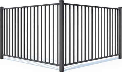Black aluminum fence corner. Vertical bars between posts, forming a right angle.