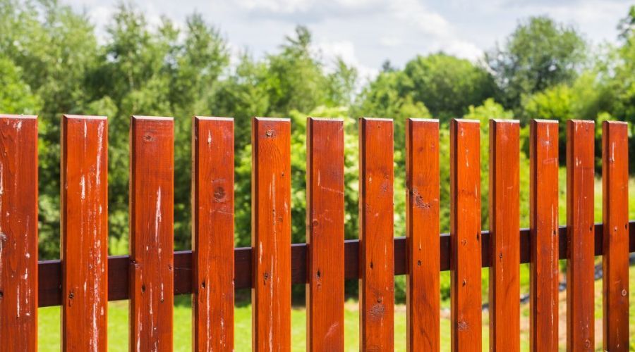 A professionally stained reddish-brown wooden picket fence in a lush green garden, highlighting the durability and aesthetic benefits of quality residential fencing.