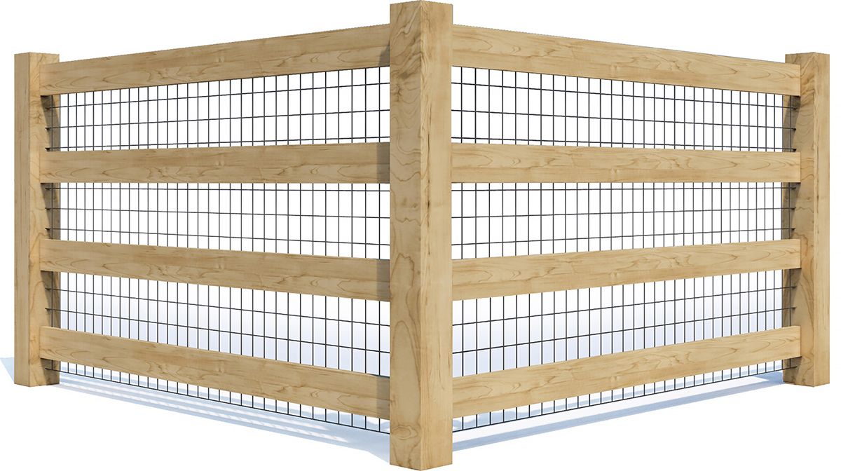 Wooden fence with wire mesh infill, forming a corner.