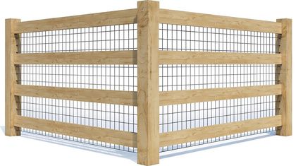 Wooden fence with wire mesh, corner view.
