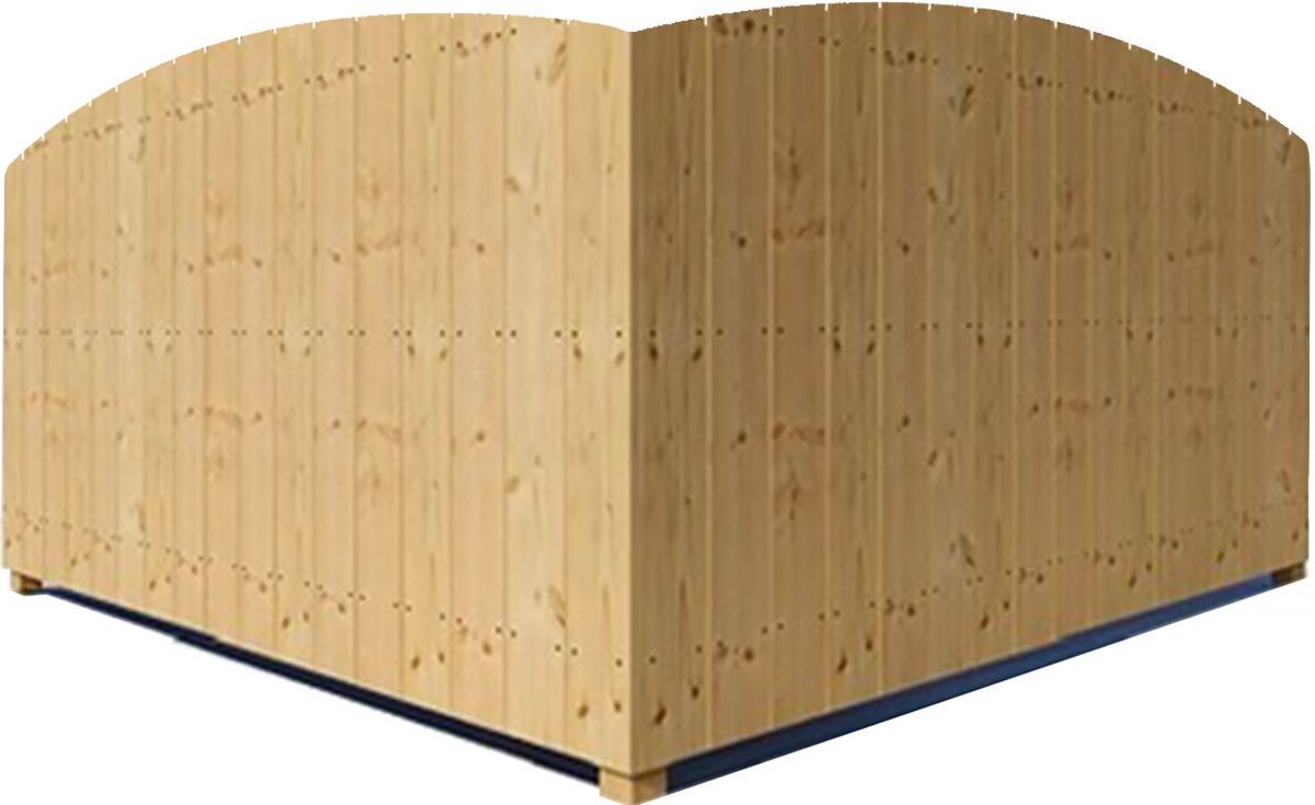 Wooden corner fence with arched top, light brown, set on a blue base.