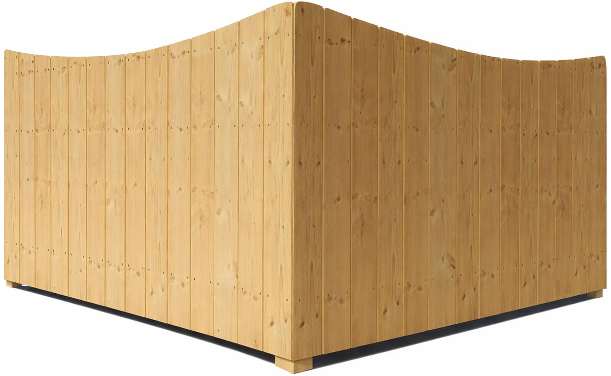 Curved wooden privacy fence; corner view. Vertical wooden planks create a warm, natural aesthetic.