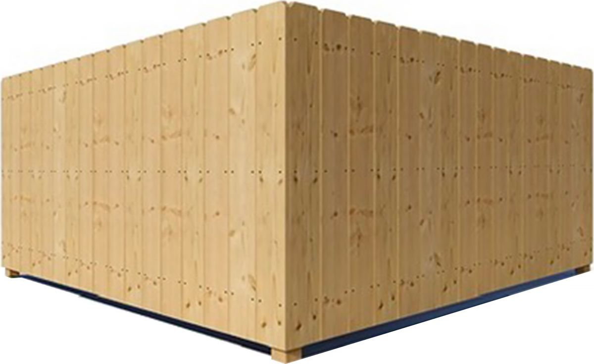 Corner view of a large, light-colored wooden box made of vertical planks.