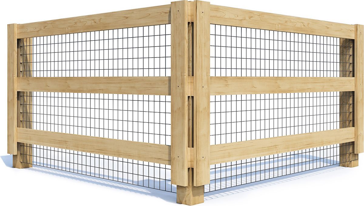 Wooden fence with black wire mesh, cornered on a white background.