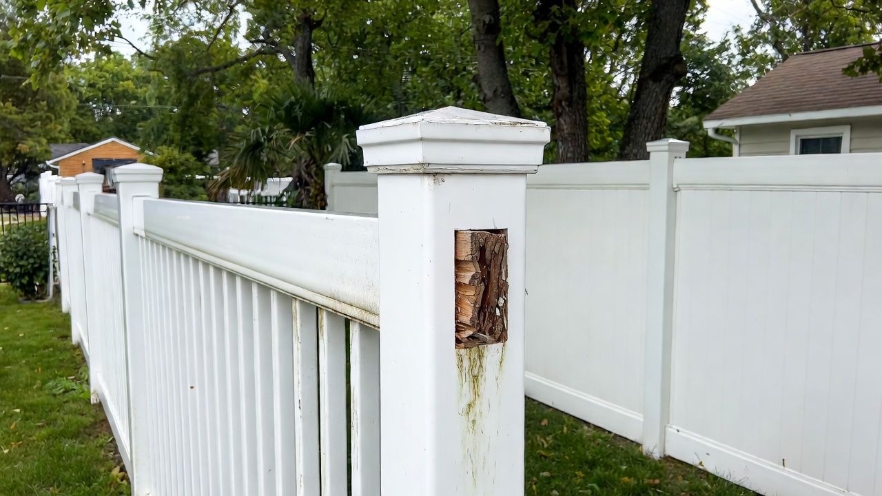 White vinyl fence with damaged wooden post; green grass and trees in background.
