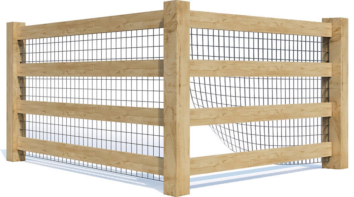 Wooden fence with wire mesh, corner view, light brown wood, outdoor.