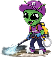 A cartoon green alien in a purple cap and shirt uses a power washer to clean a dirty surface.