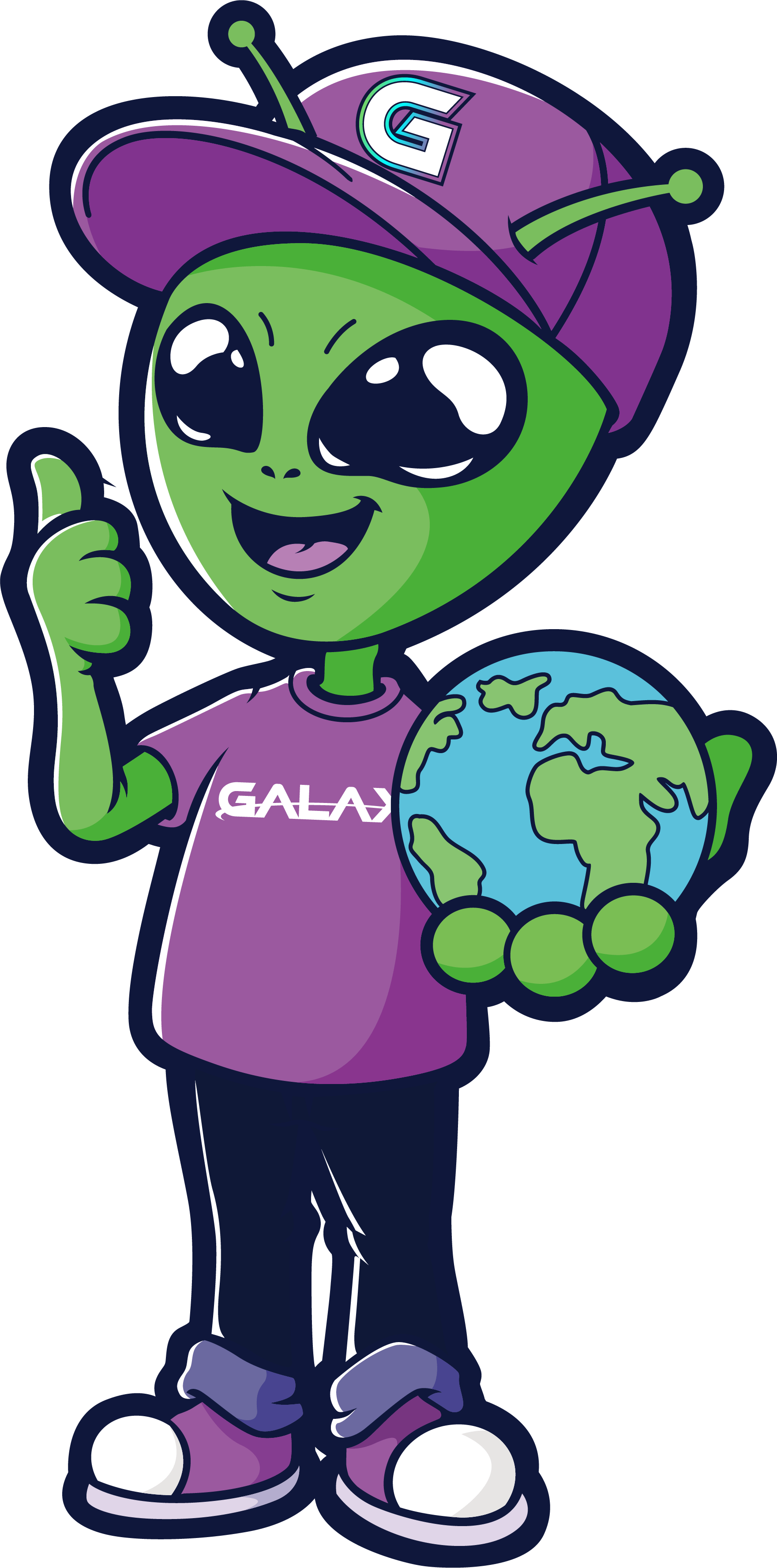 Green alien mowing lawn on Earth; purple and pink color scheme; friendly expression.