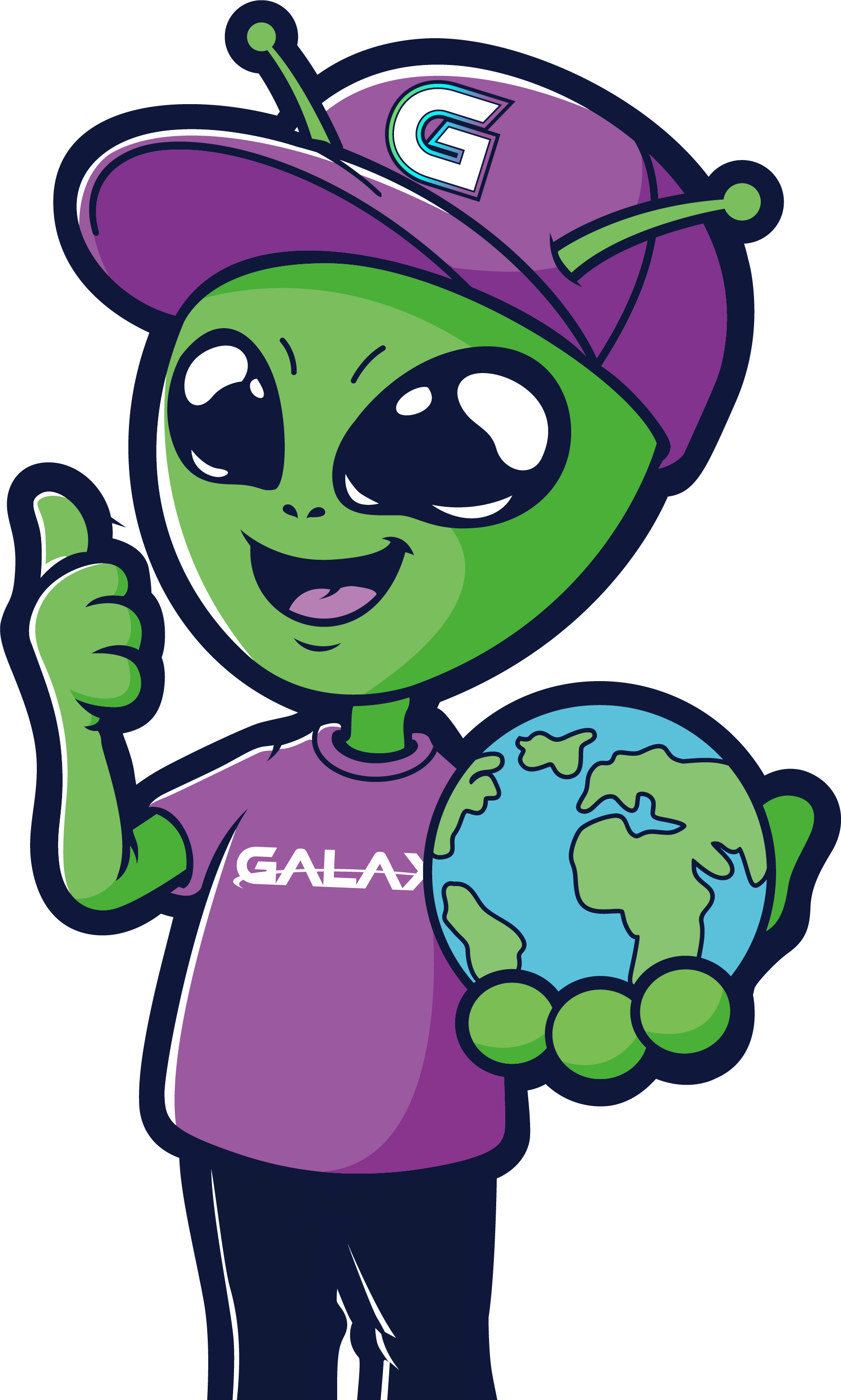 Green alien with thumbs up, holding a globe, wearing a purple hat and shirt with 