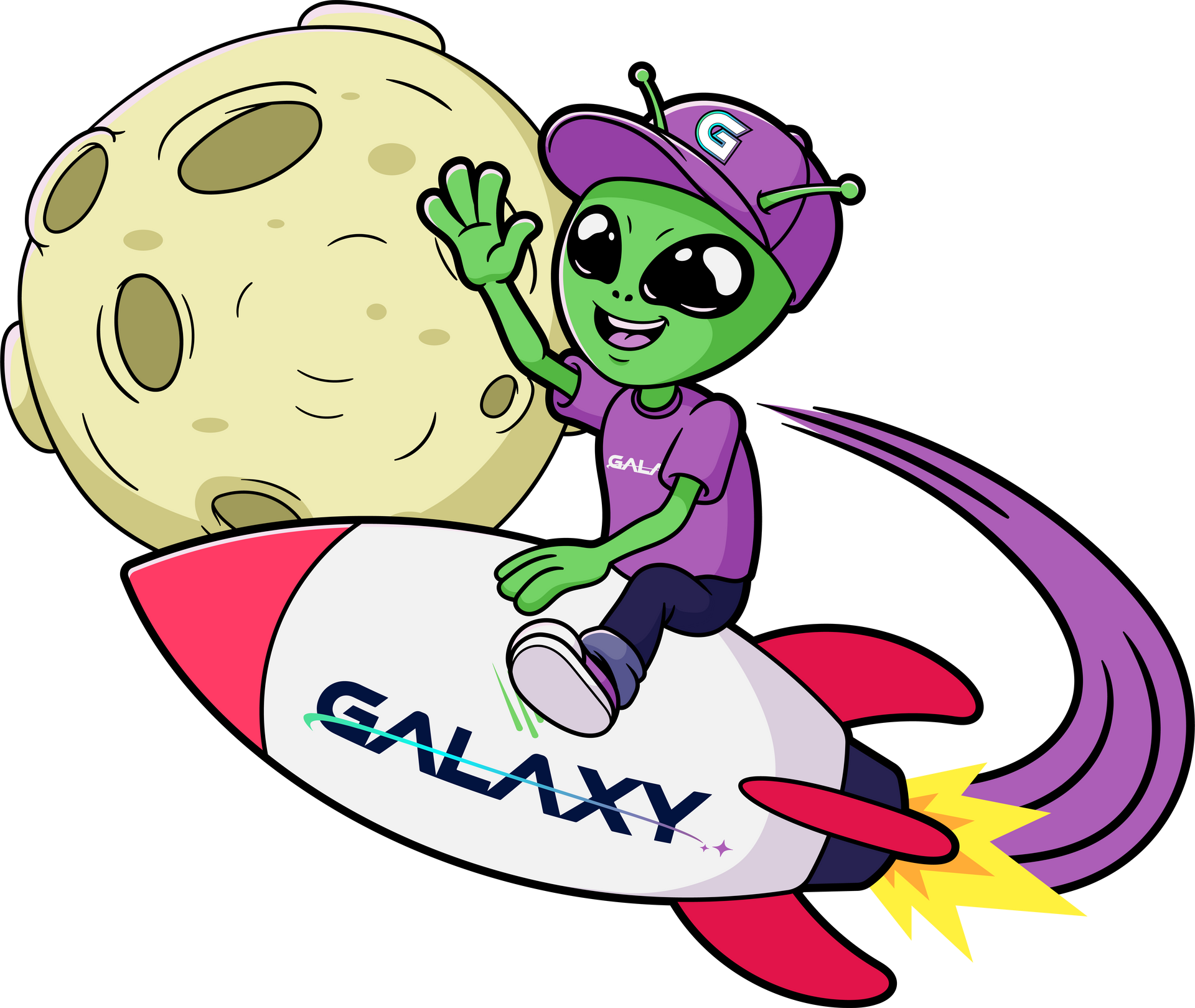 Green alien in purple hat waving from rocket with moon in the background; “GALAXY” on rocket.