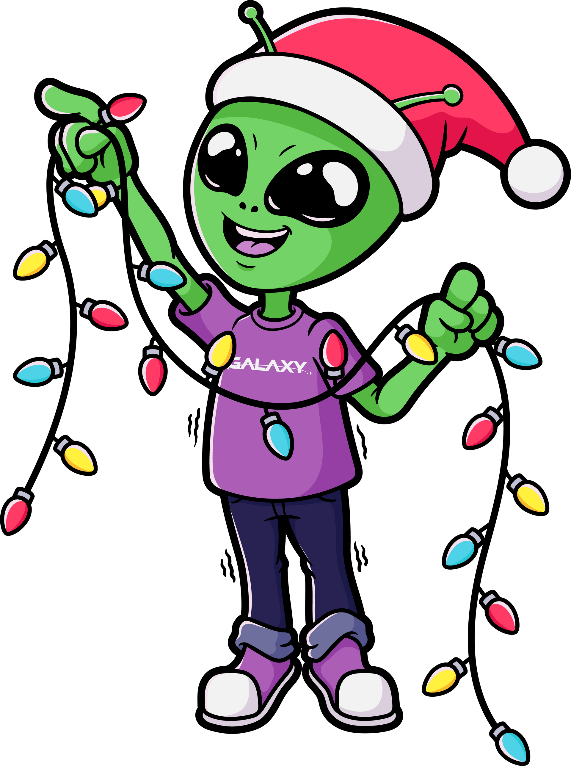 Green alien with Santa hat, stringing colorful Christmas lights; purple shirt reads 