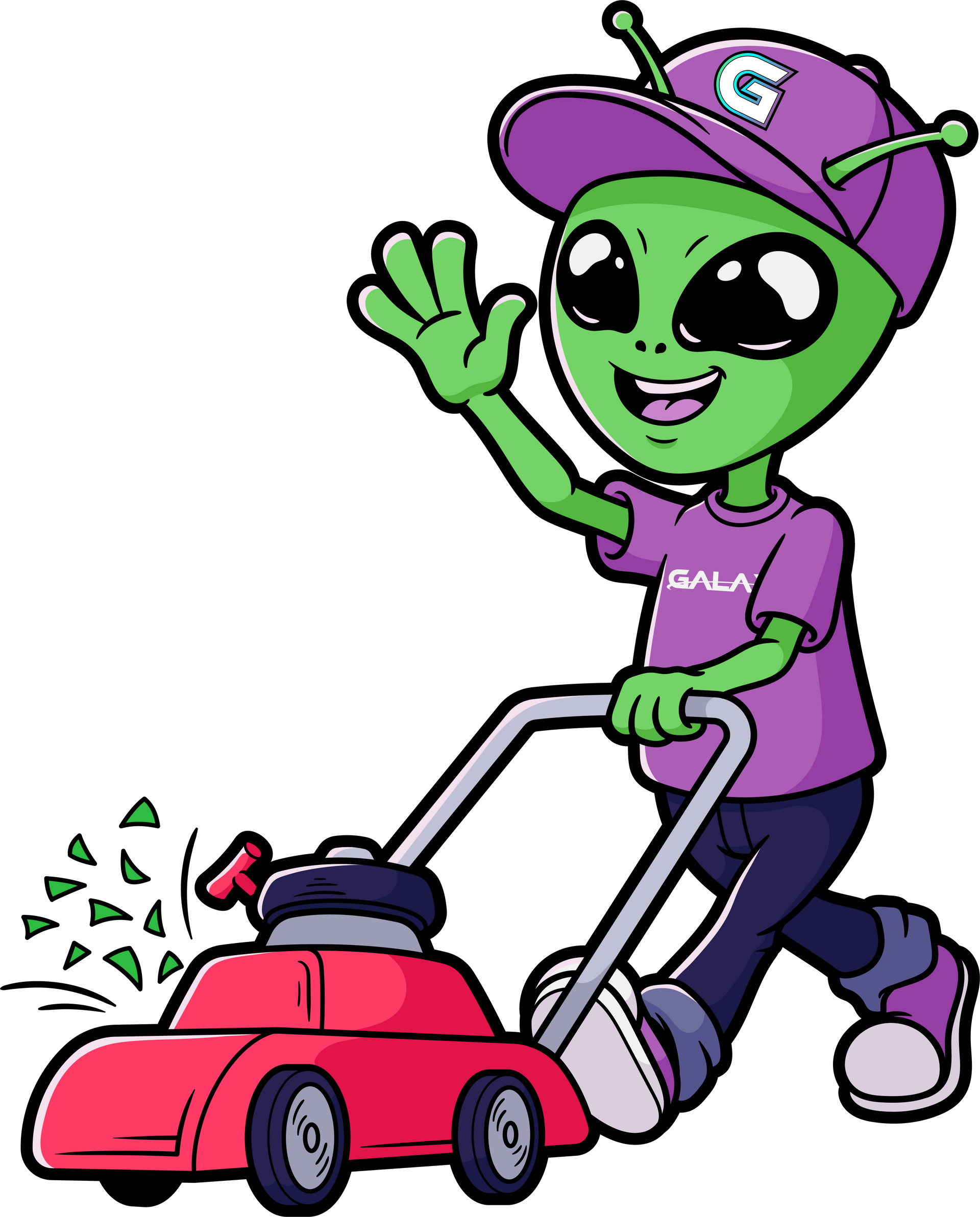Green alien with a purple cap and shirt mowing lawn, smiling and waving.