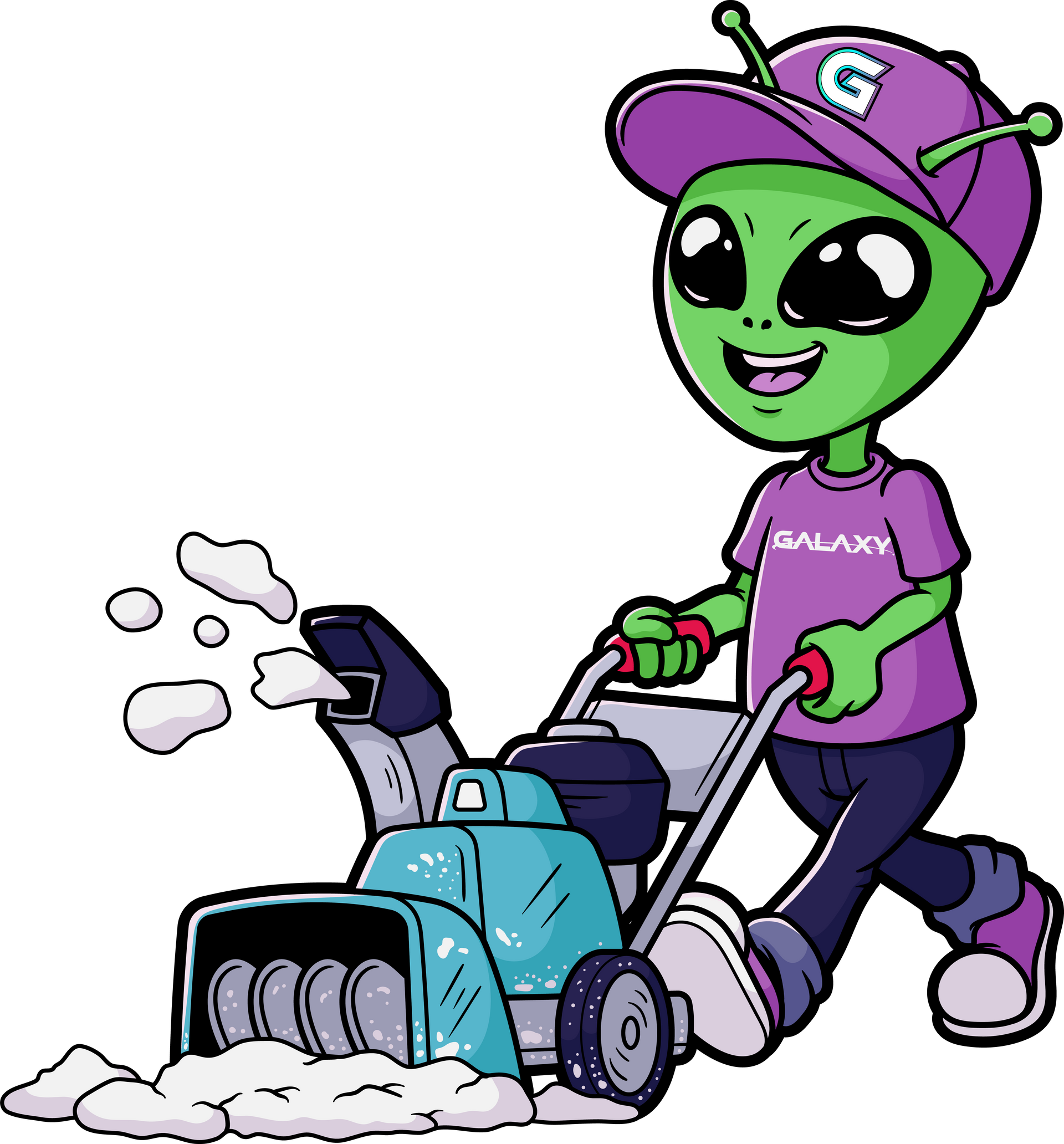 Green alien in purple hat and shirt, using a teal snowblower.