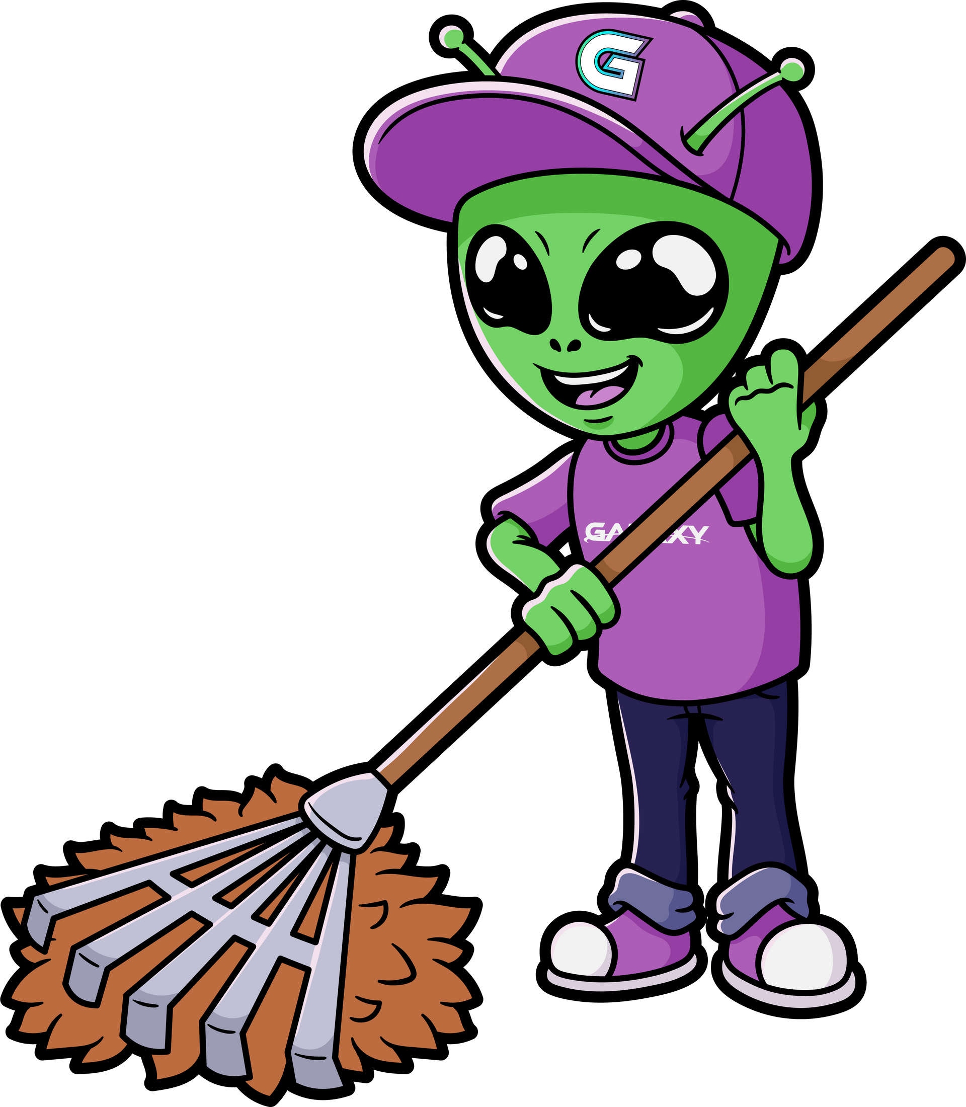 Green alien in Santa hat, stringing colorful Christmas lights.