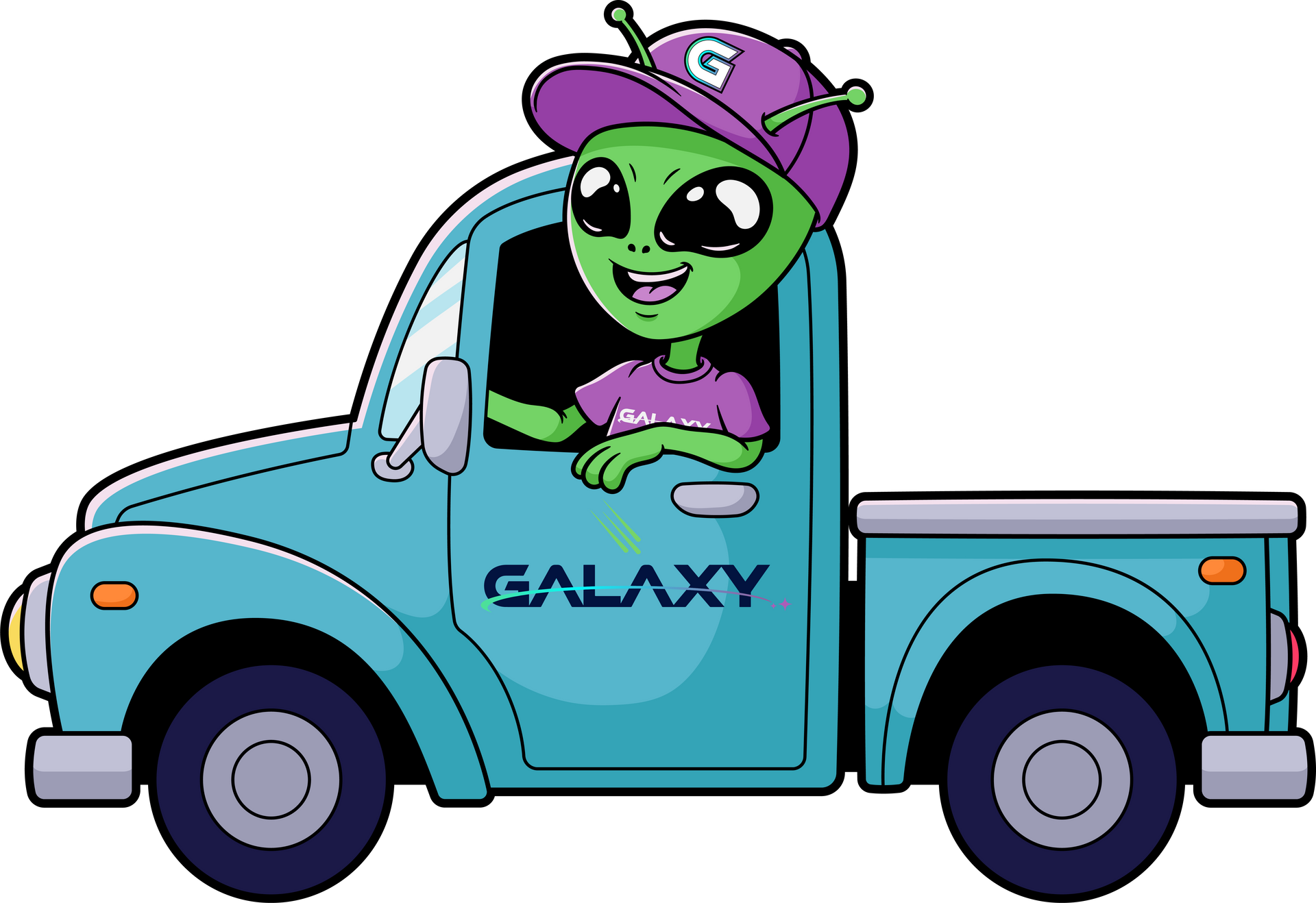 Green alien in a blue truck, wearing a purple cap, waving, and the truck says 