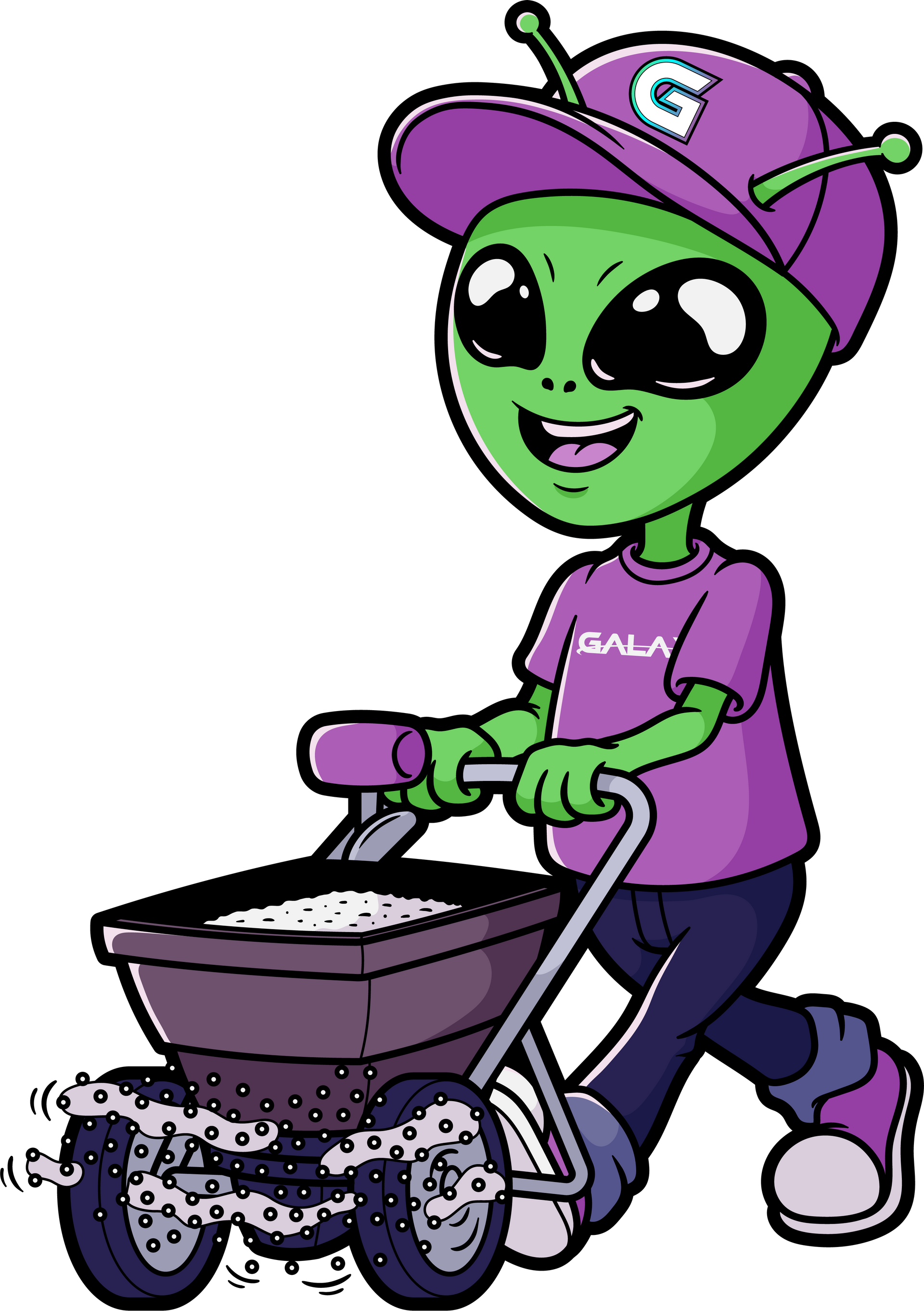 Green alien in purple hat and shirt pushes spreader.