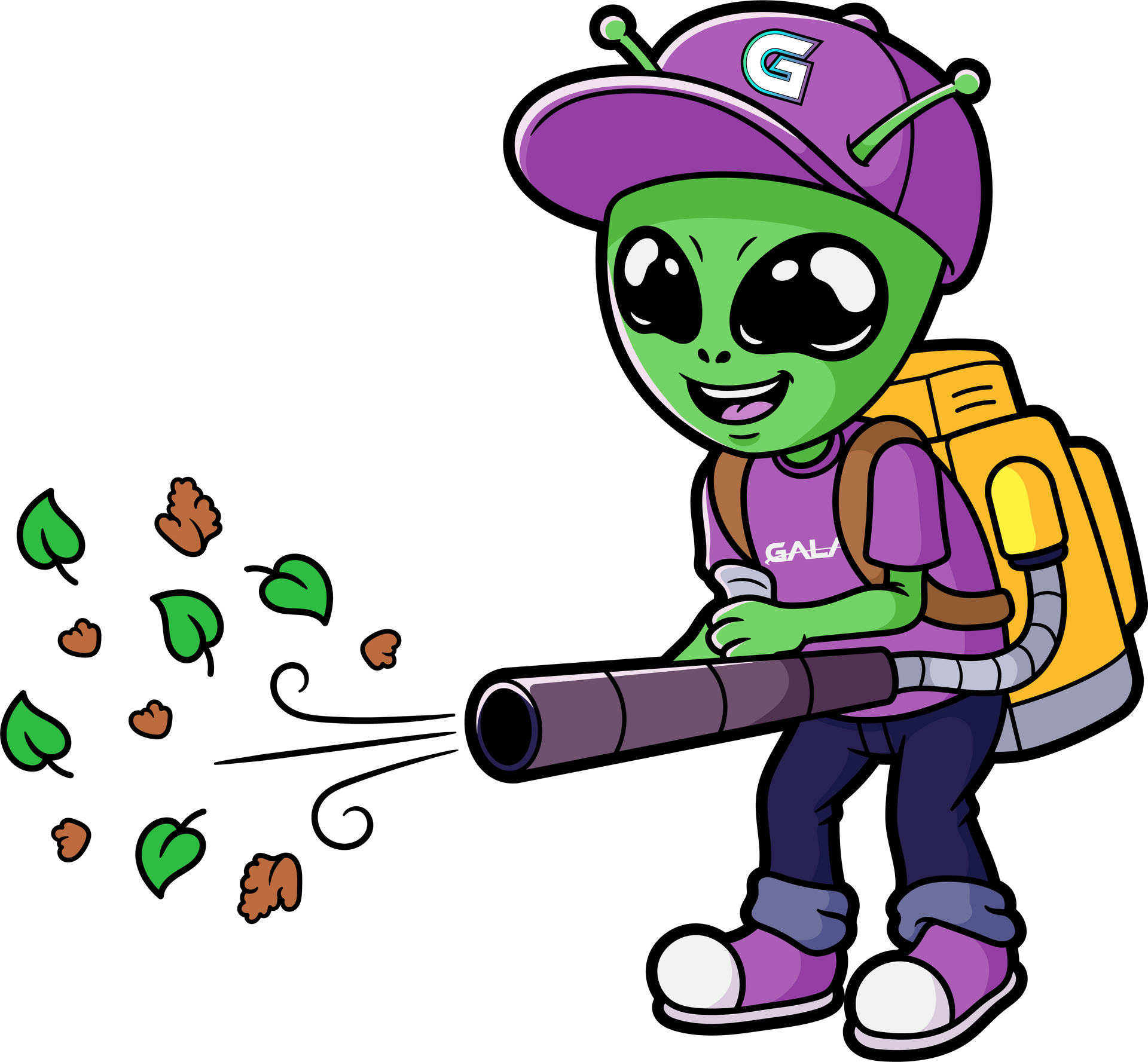 Green alien in purple, blowing leaves with a leaf blower.