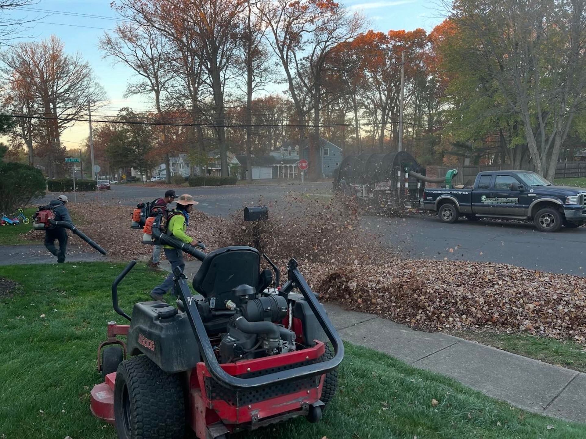 Lawn care workers blowing leaves onto a curb, mower in foreground. Truck and neighborhood street in the background.