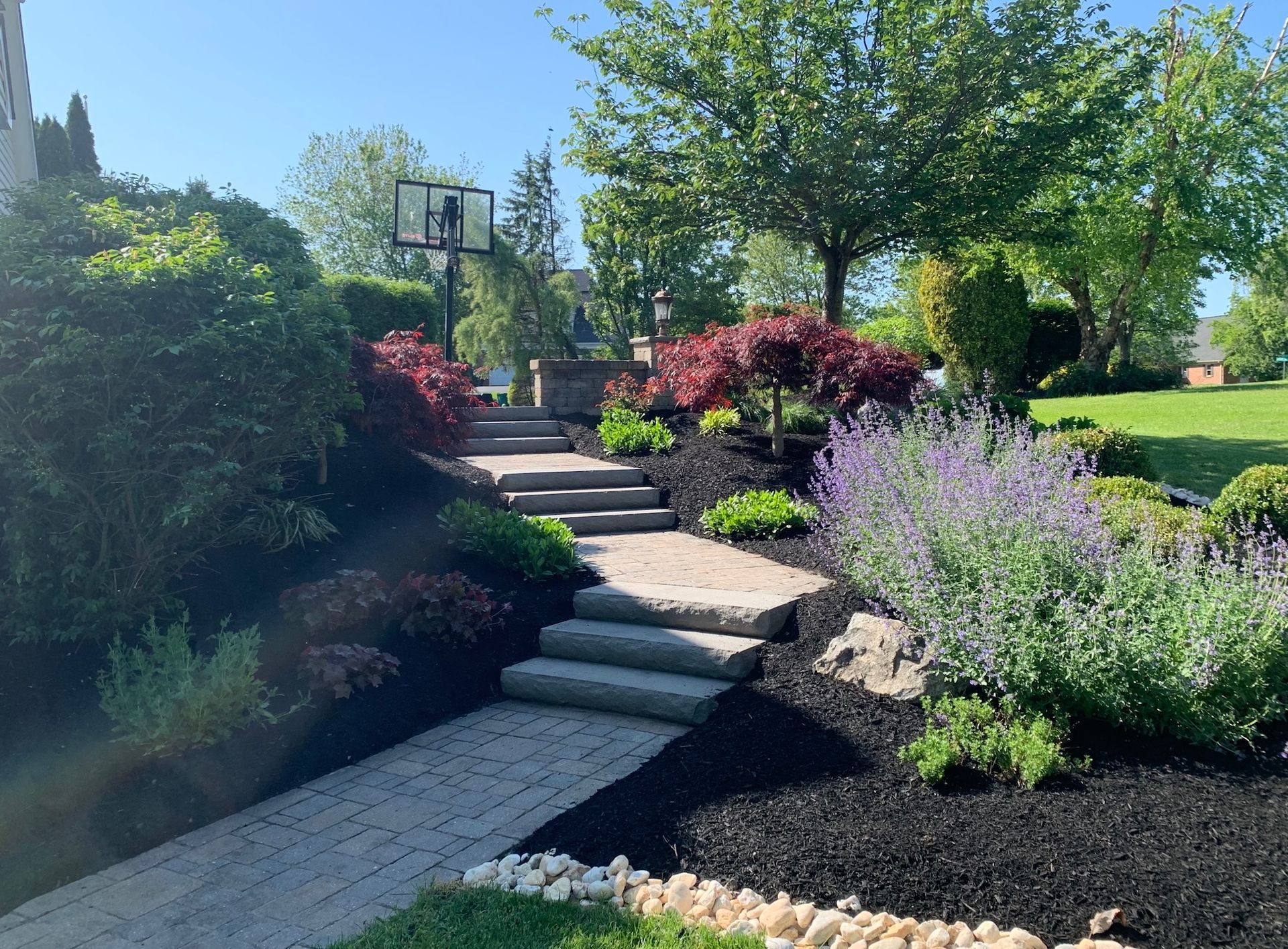 Stone steps lead up to a garden with dark mulch and colorful plants under a blue sky.
