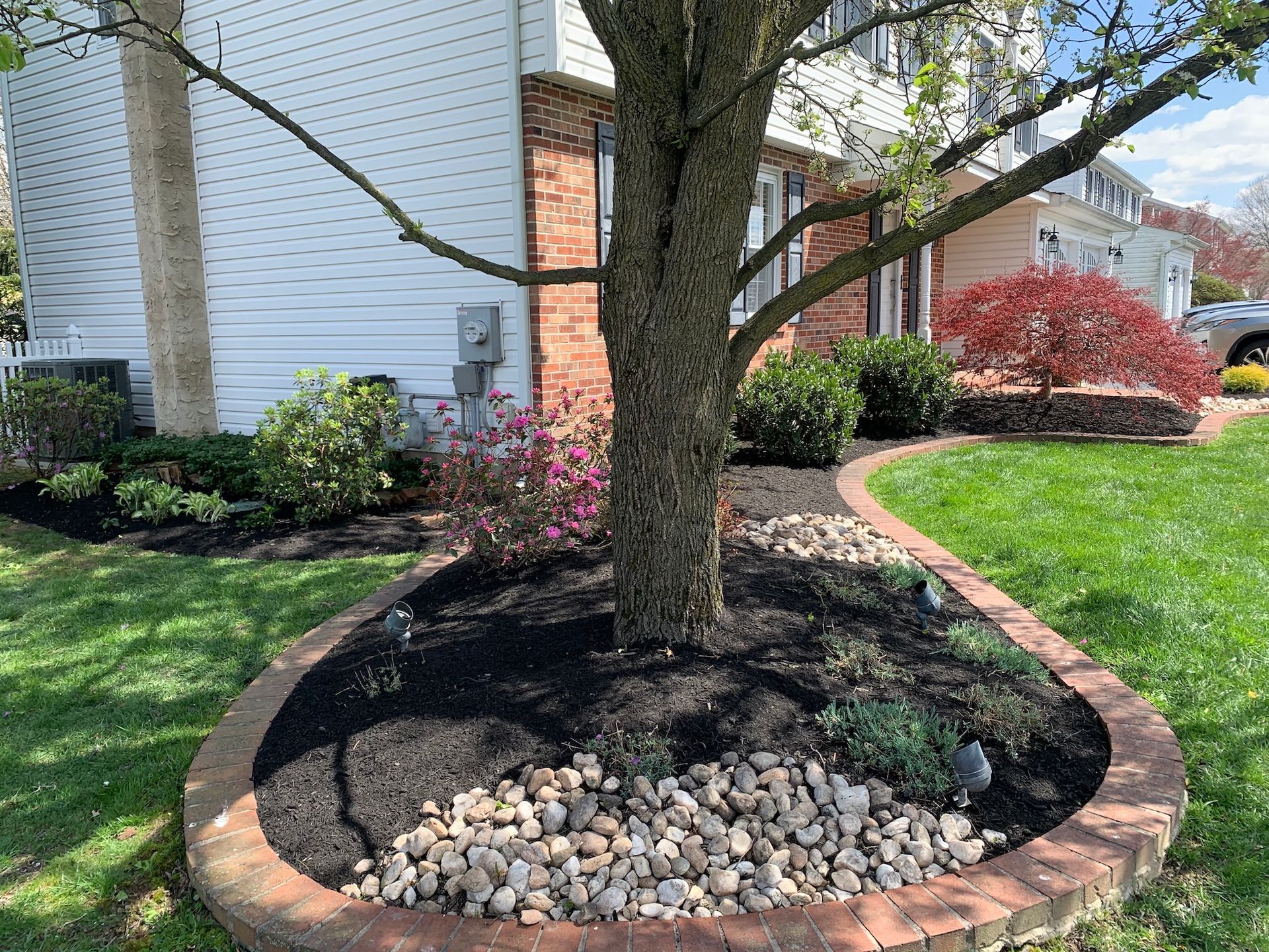 Tree with rock bed, brick border, surrounded by dark mulch and green lawn. House in background.