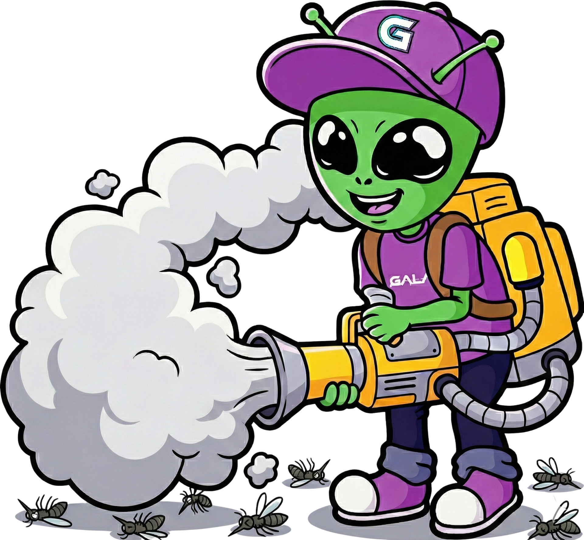 Green alien in purple shirt and hat waving from a rocket ship next to the moon.